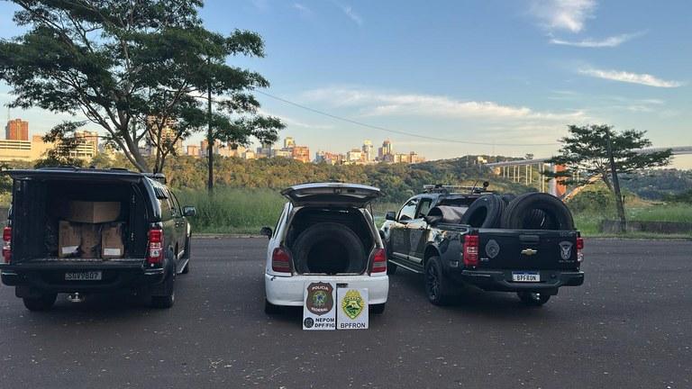 PF E PMPR APREENDEM VEÍCULO, CIGARROS E PNEUS CONTRABANDEADOS EM FOZ DO IGUAÇU