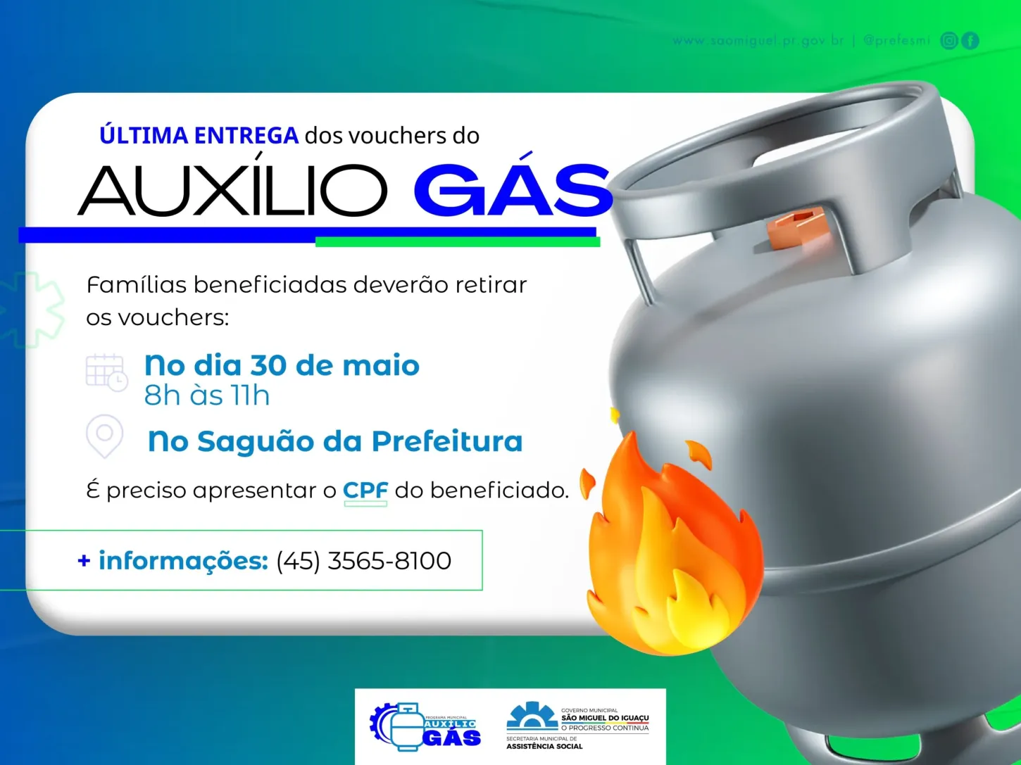 ÚLTIMA ENTREGA DOS VOUCHERS DO PROGRAMA ‘AUXÍLIO GÁS’ DE SÃO MIGUEL AOS BENEFICIÁRIOS QUE NÃO RETIRARAM SERÁ NO DIA 30