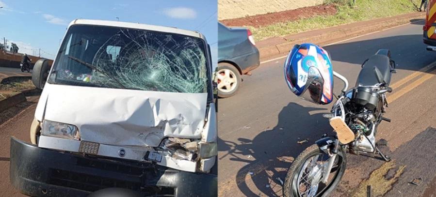 COLISÃO ENTRE VAN E MOTO DEIXA MOTOCICLISTA FERIDO EM MEDIANEIRA