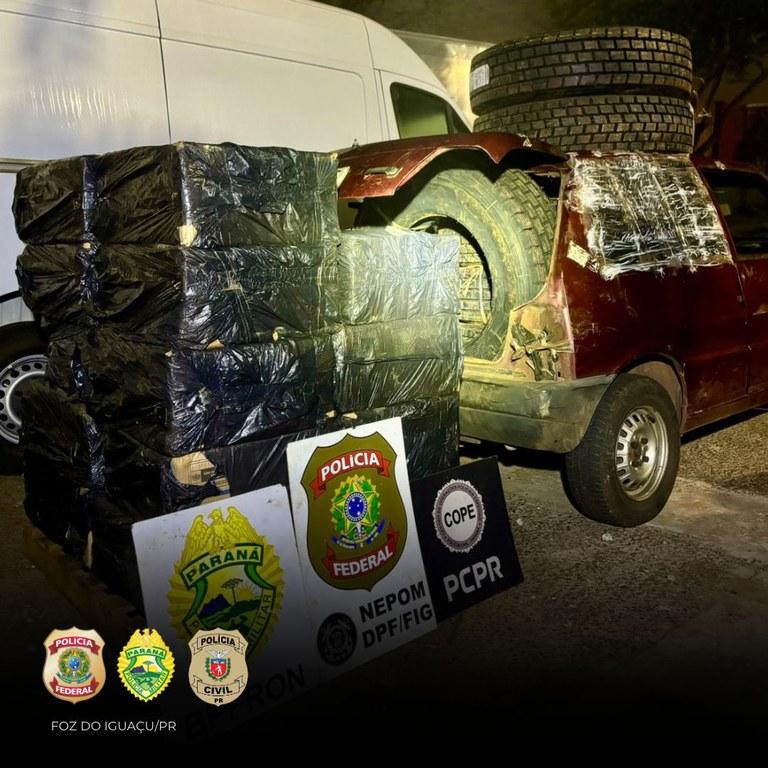 POLÍCIA FEDERAL, POLÍCIA CIVIL E POLÍCIA MILITAR APREENDEM VEÍCULO COM CIGARROS E PNEUS CONTRABANDEADOS