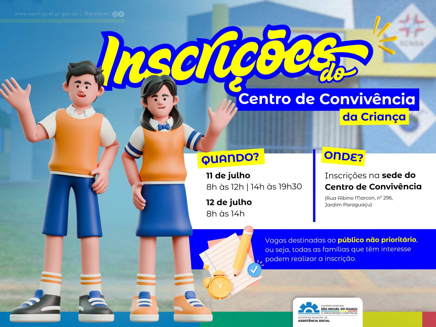 INSCRIÇÕES DO CENTRO DE CONVIVÊNCIA DA CRIANÇA DE SMI PARA O PÚBLICO NÃO PRIORITÁRIO SERÃO REALIZADAS DIAS 11 E 12 DE JULHO