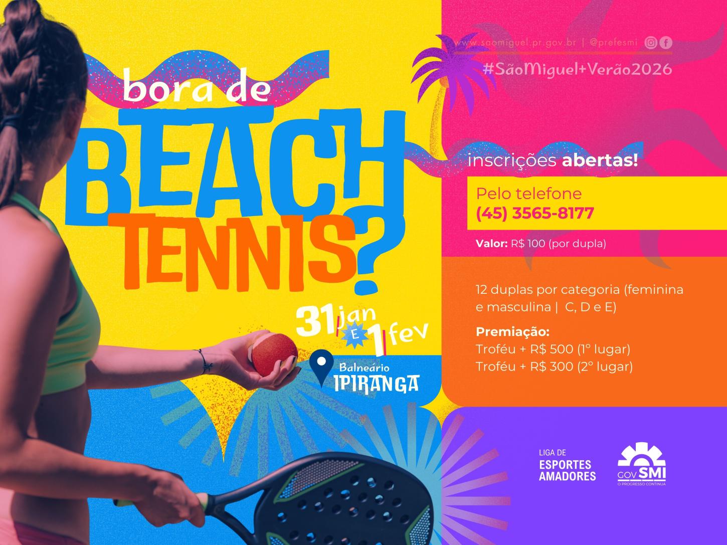 ESTÃO ABERTAS AS INSCRIÇÕES PARA O TORNEIO DE BEACH TENNIS DO SÃO MIGUEL MAIS VERÃO 2026