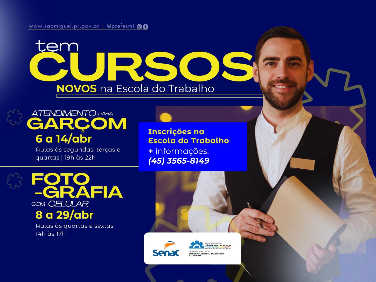 ESCOLA DO TRABALHO DE SÃO MIGUEL ABRE INSCRIÇÕES PARA CURSOS DE GARÇOM E FOTOGRAFIA COM CELULAR