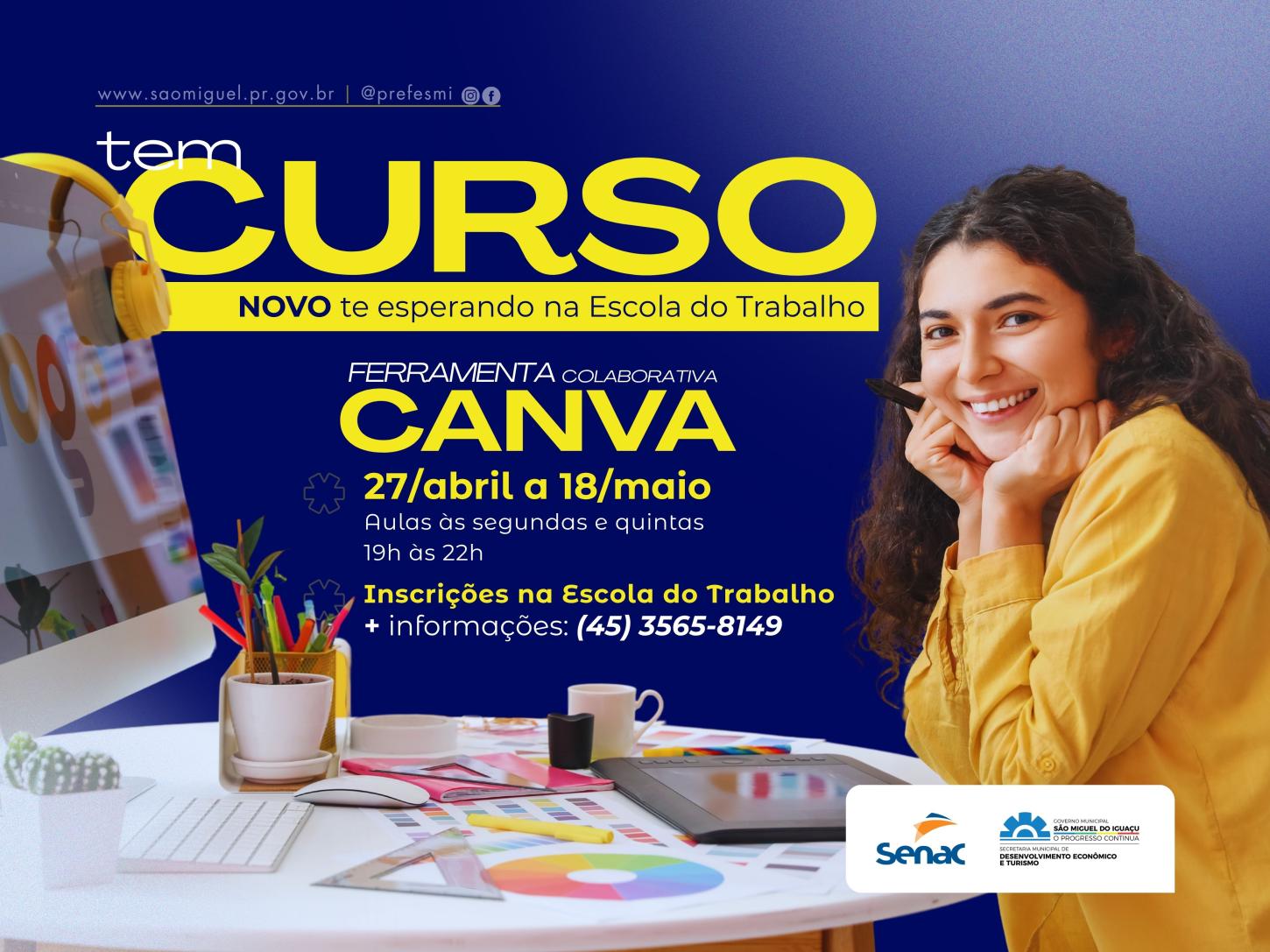 ESCOLA DO TRABALHO ABRE INSCRIÇÕES PARA CURSO GRATUITO DE CANVA EM SÃO MIGUEL DO IGUAÇU