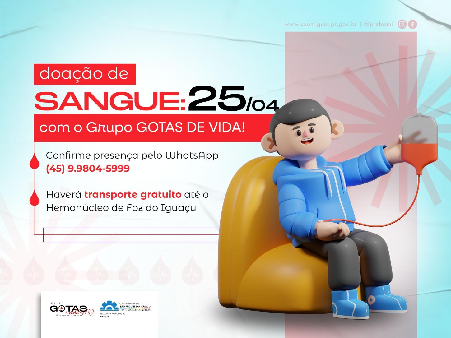 GRUPO GOTAS DE VIDA CONVIDA POPULAÇÃO PARA AÇÃO DE DOAÇÃO DE SANGUE NO SÁBADO (25)